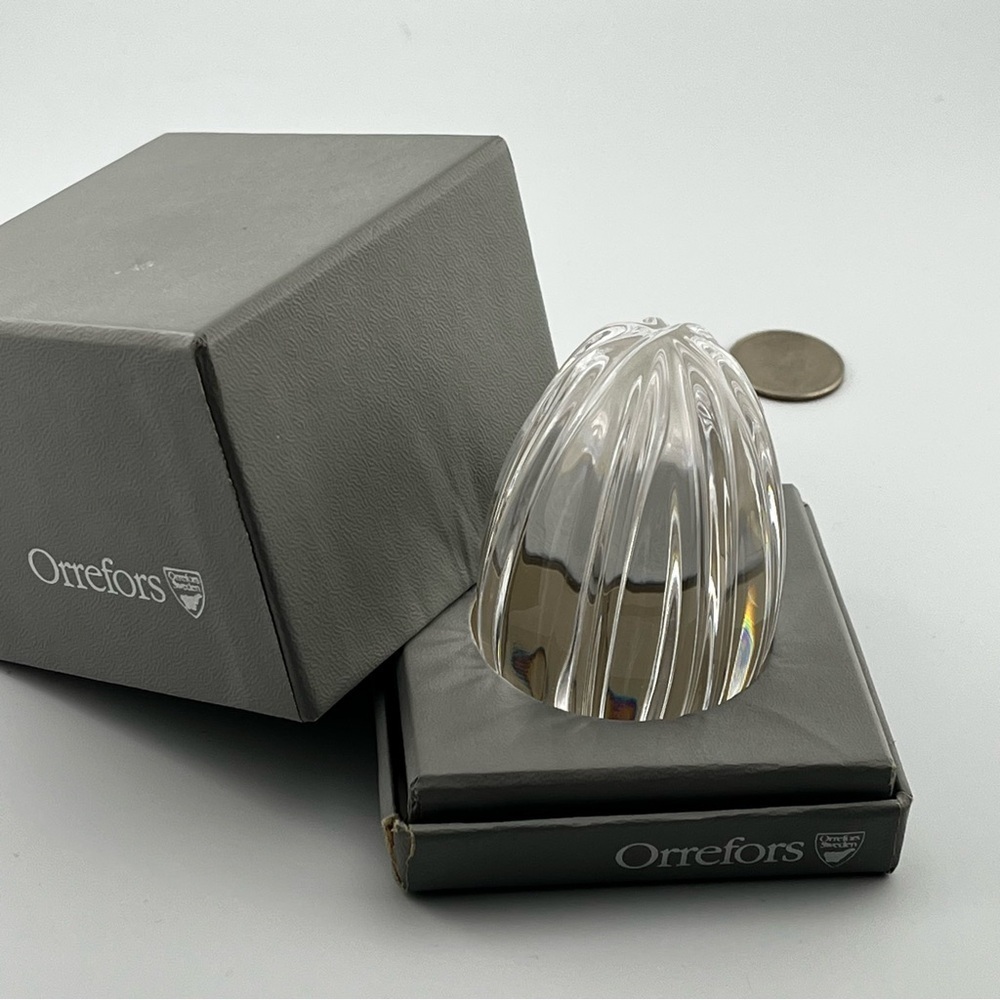 Vintage Orrefors Sweden Clear Egg Shaped Crystal Paperweight 3" In Original Box